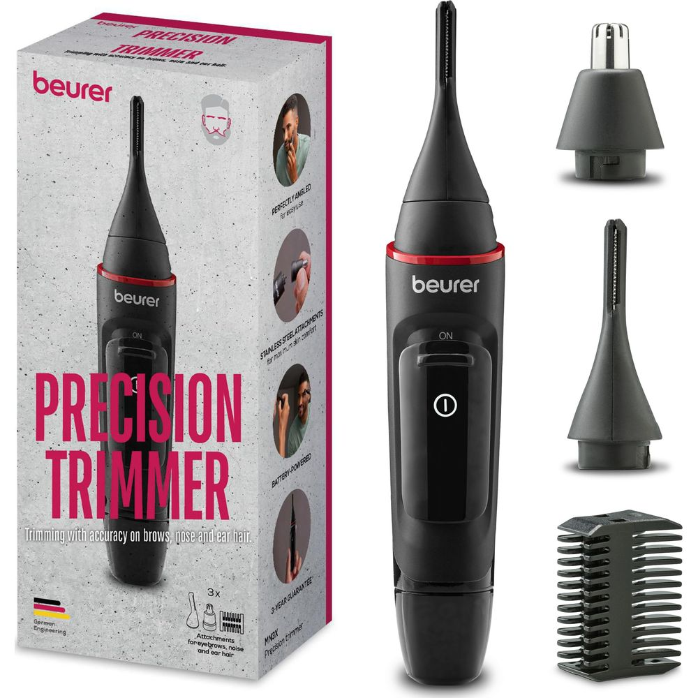 Ein schwarzer Beurer Präzisionstrimmer mit Aufsätzen und Verpackung.