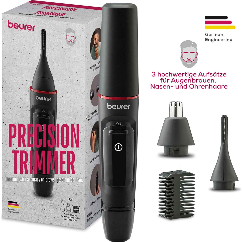 Ein schwarzer Präzisionstrimmer von Beurer mit Zubehör, inklusive Aufsätzen für Augenbrauen, Nase und Ohren.