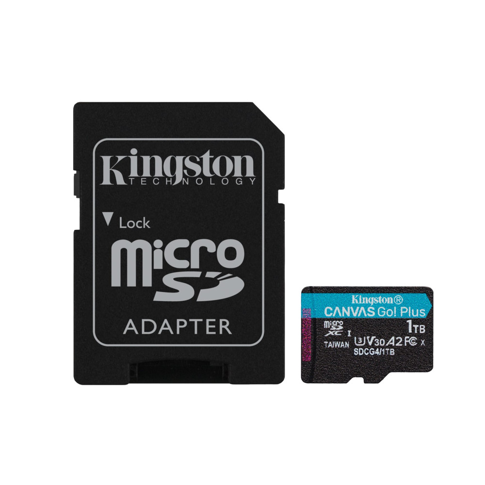 Adapter Kingston MicroSD i karta pamięci 1TB na białym tle.