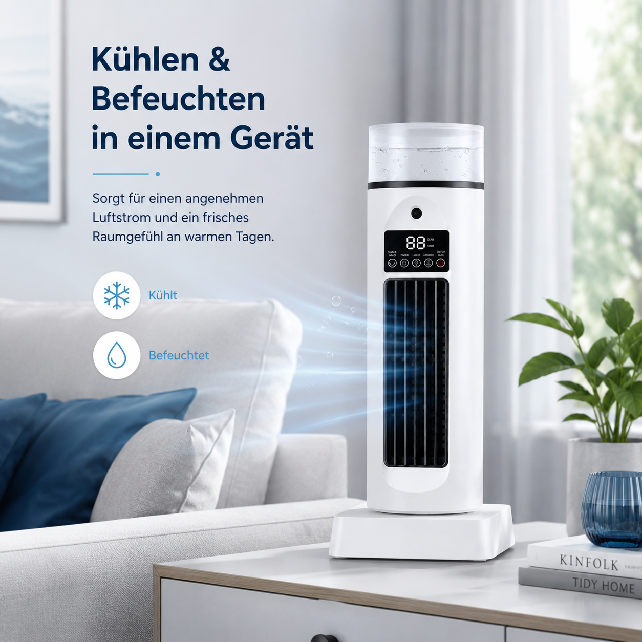 Ein weißer Turmventilator mit Wassertank kühlt und befeuchtet. Text auf Deutsch.