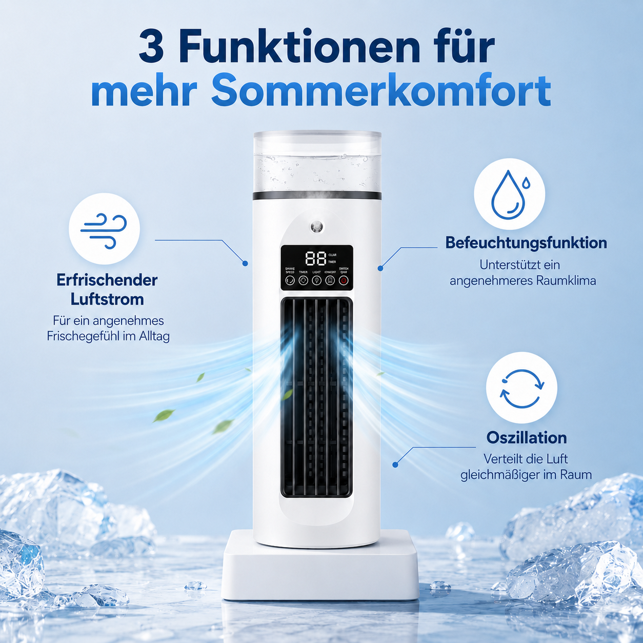 Ein weißer Turmventilator mit drei Funktionen: Luftstrom, Befeuchtung, Oszillation.