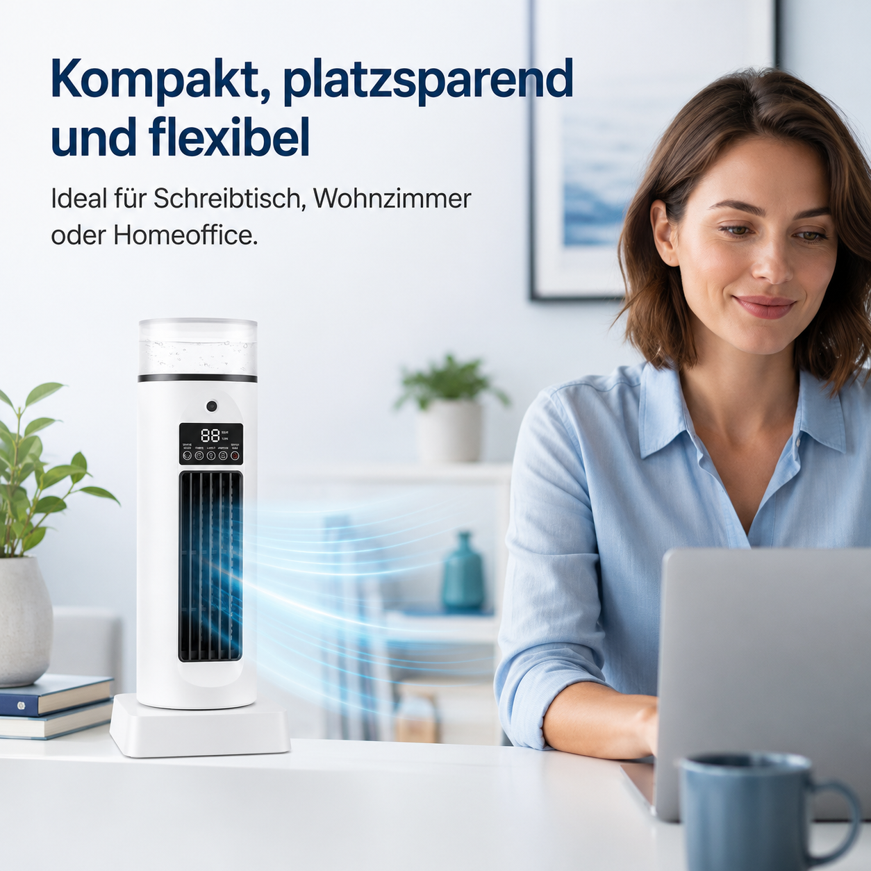 Eine Frau arbeitet am Laptop, daneben steht ein weißer Turmventilator mit Wasserbehälter.