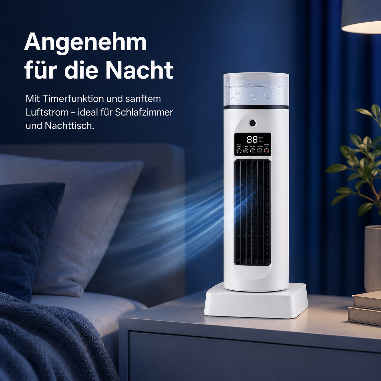 Ein weißer Turmlüfter mit Wassertank steht auf einem Nachttisch neben einem Bett.