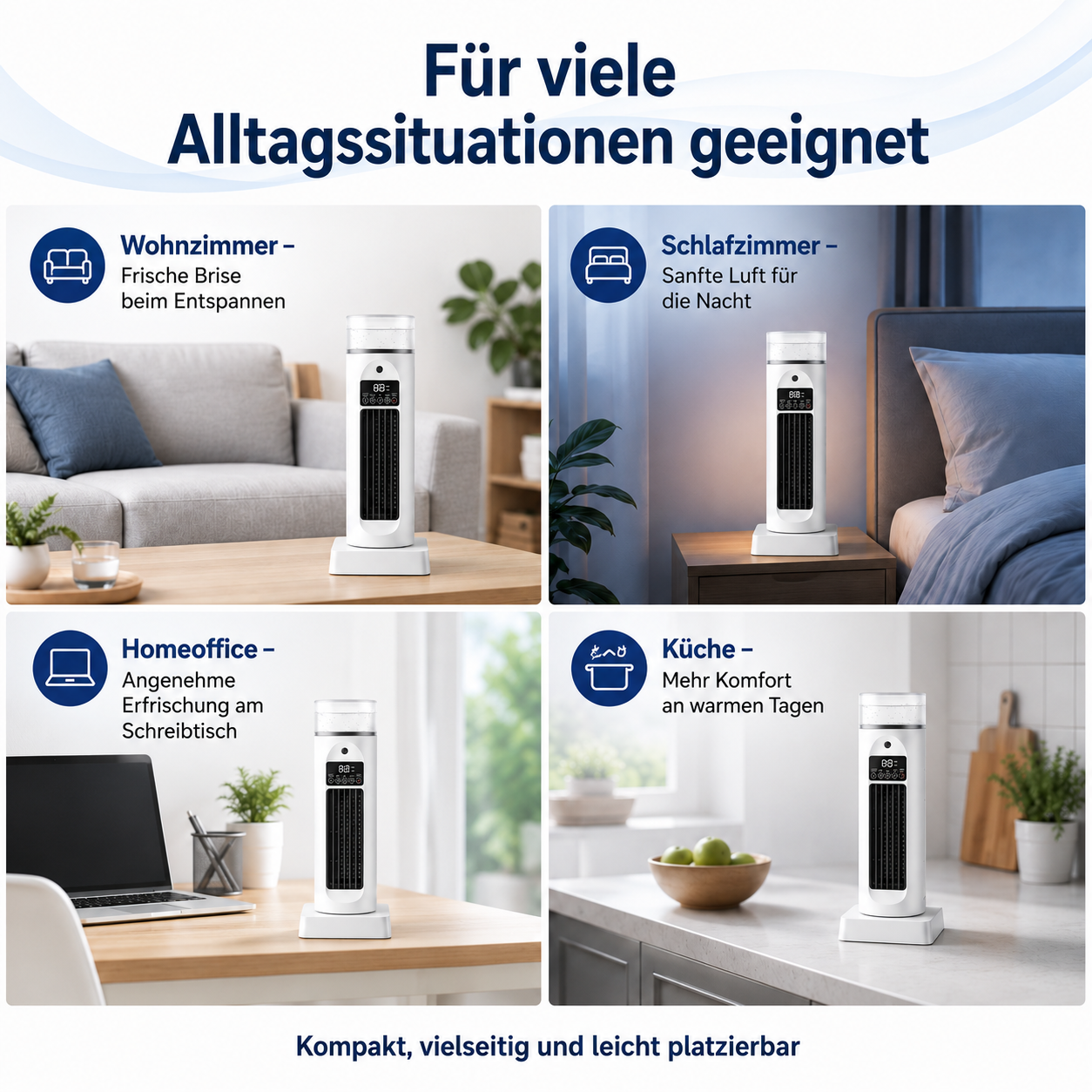Ein Turmventilator wird in vier Szenarien gezeigt: Wohnzimmer, Schlafzimmer, Homeoffice, Küche.
