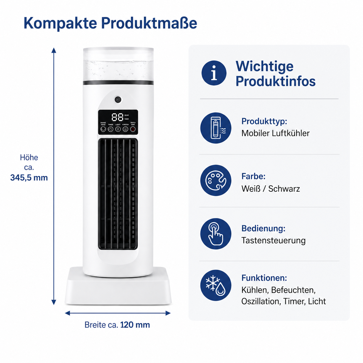 Ein weißer Turmlüfter mit digitalen Anzeigen und Wasserbehälter. Maße: 345,5mm H, 120mm B.
