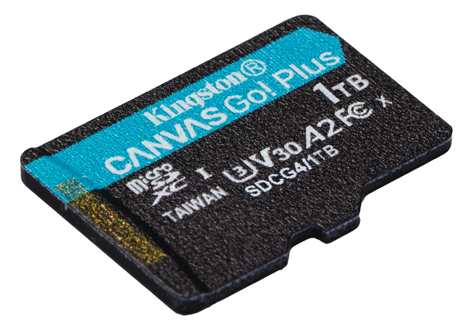 Eine schwarze Kingston microSDXC-Speicherkarte mit 1 TB, Modell Canvas Go! Plus, auf weißem Hintergrund.