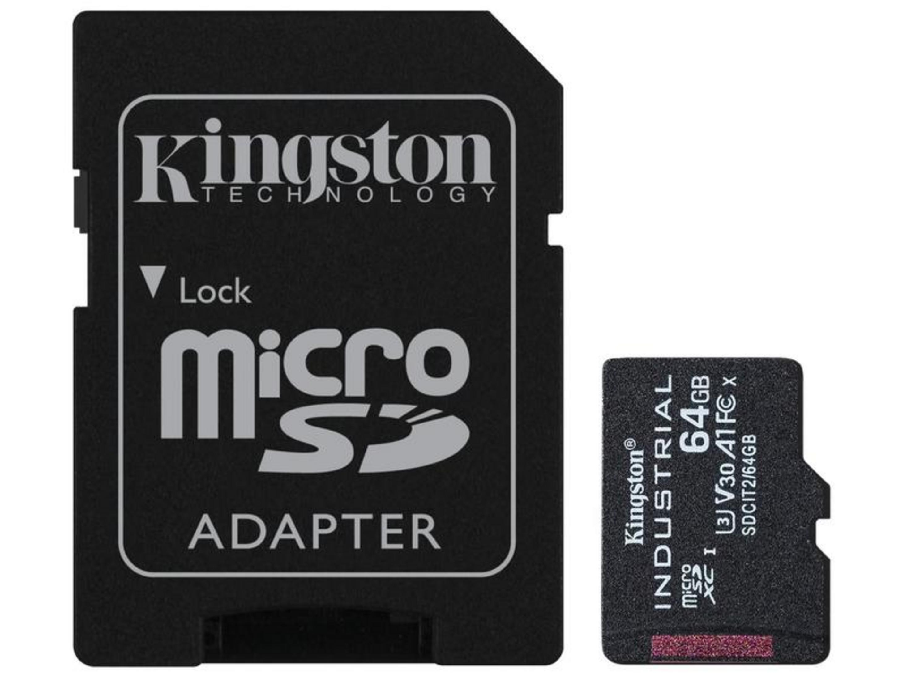 Un adaptador MicroSD negro Kingston y una tarjeta MicroSD de 64 GB.