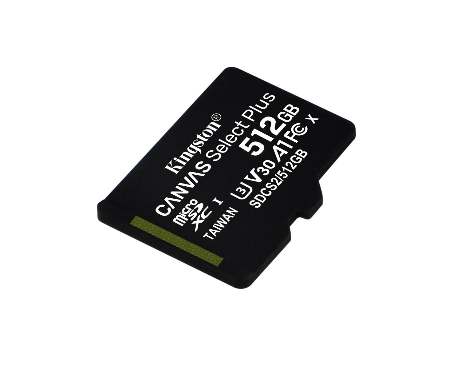 Tarjeta microSD Kingston Canvas Select Plus negra de 512 GB, V30 A1, Taiwán.