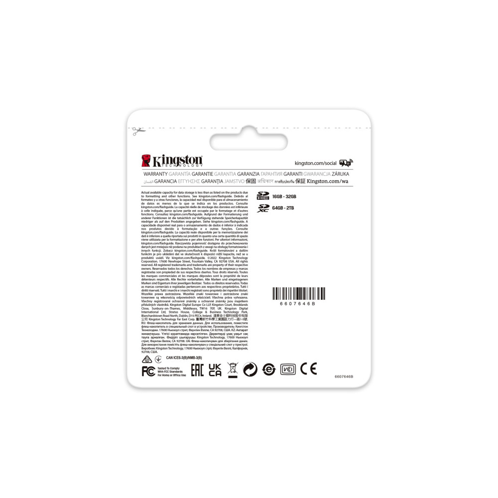 Embalaje Kingston con información de garantía, especificaciones y logos.