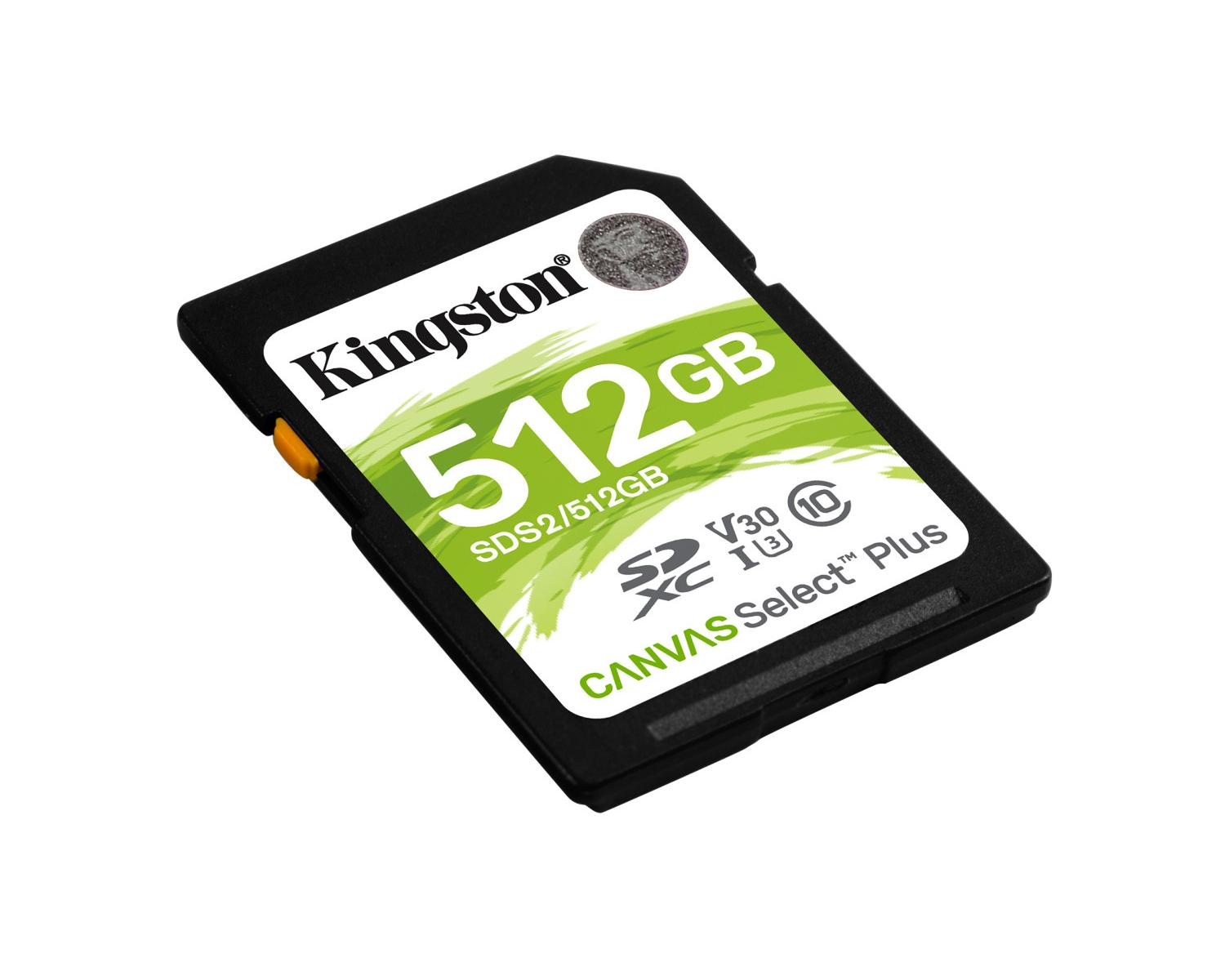 Tarjeta de memoria Kingston SDXC de 512 GB etiquetada CANVAS Select Plus.
