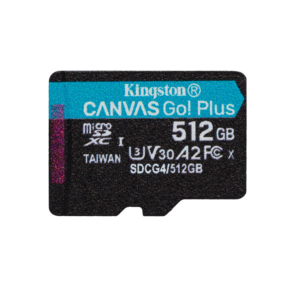Kingston Canvas Go! Plus 512GB microSDXC-Karte mit V30 und A2 Geschwindigkeitsklassen.