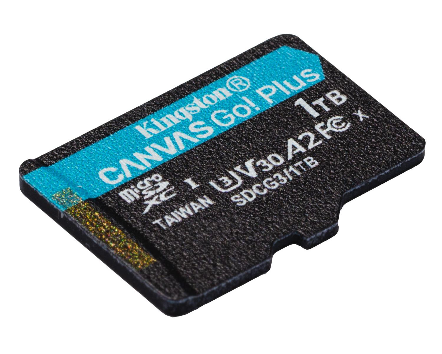 Scheda Kingston microSDXC da 1TB con accenti blu e neri.