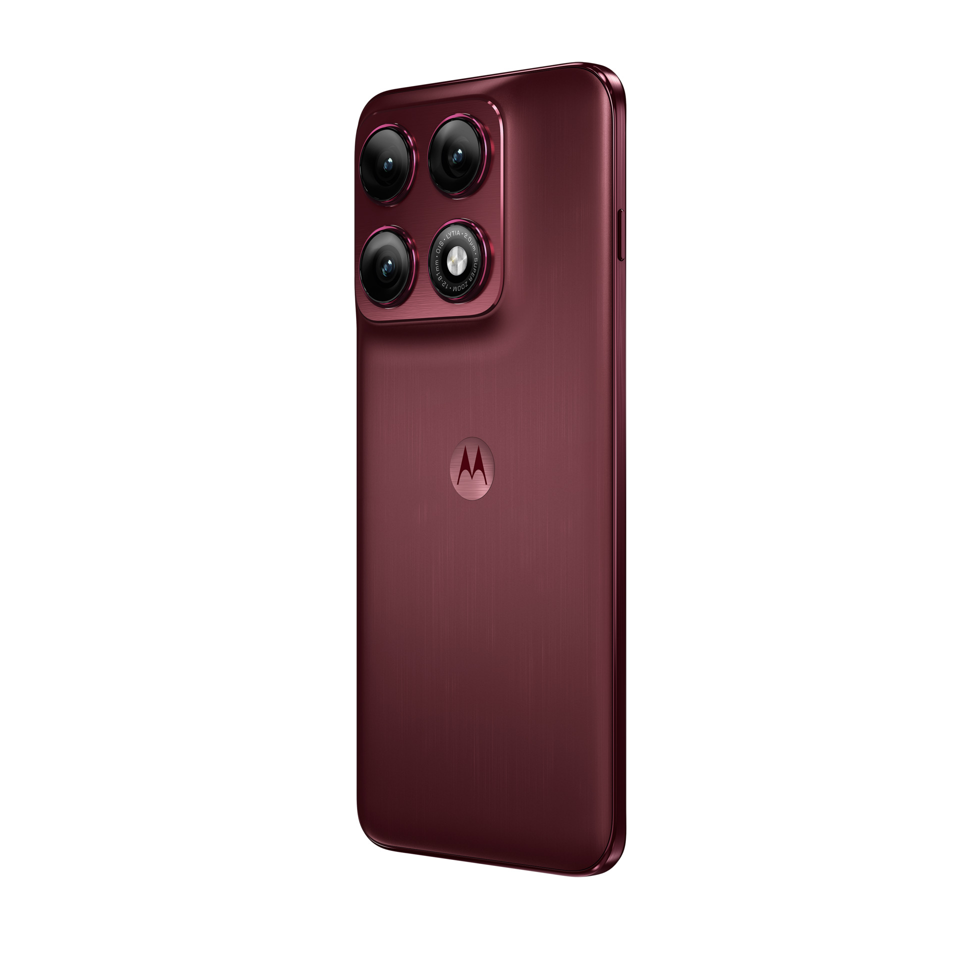 Smartphone rouge avec quatre caméras et logo Motorola sur fond blanc.