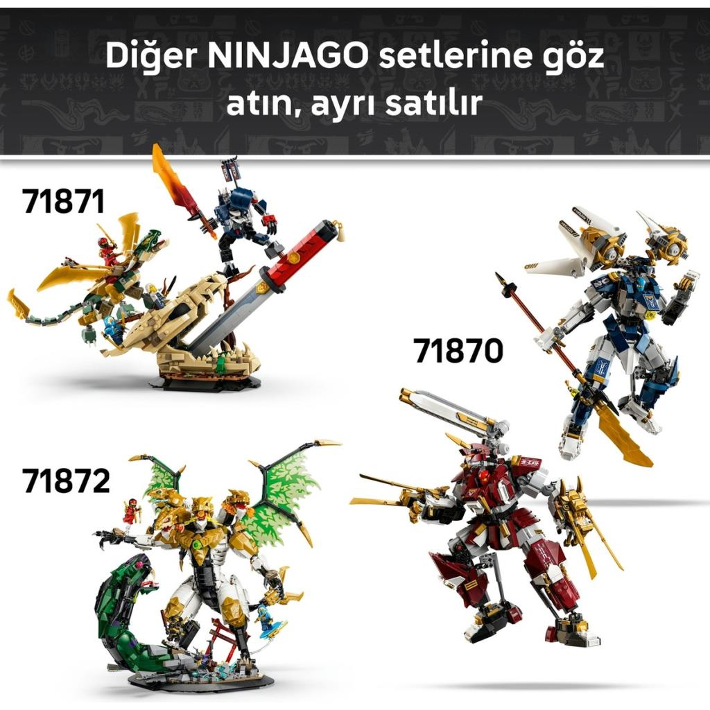 Robotlar ve ejderhalar içeren dört Ninjago yapım seti. Setler 71870, 71871, 71872.