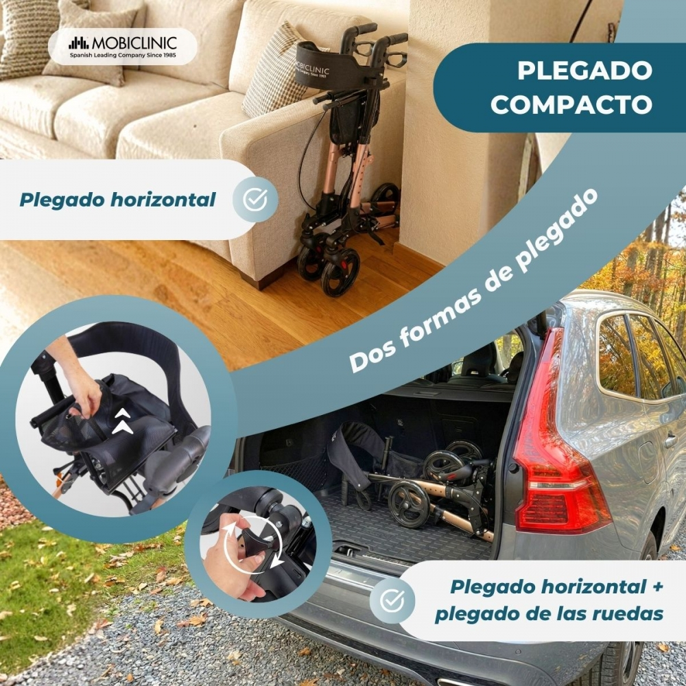 Un andador plegado horizontalmente en una sala y en el maletero de un coche.