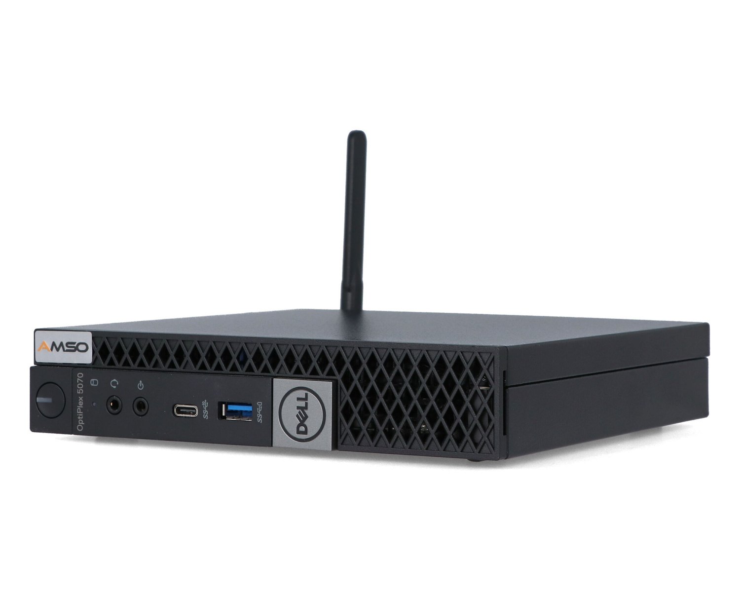 Czarny mini PC Dell OptiPlex 5070 z antenką na górze, na białym tle.