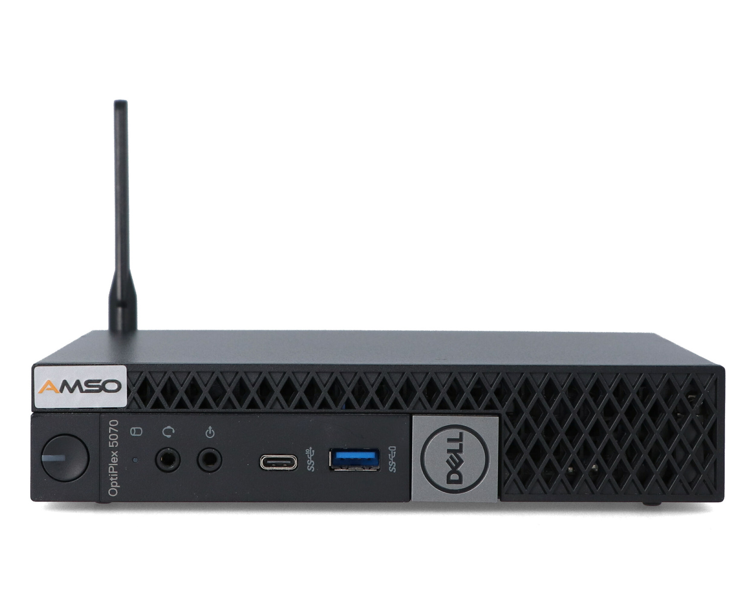 Czarny mini PC Dell OptiPlex 5070 z antenną i portami z przodu.