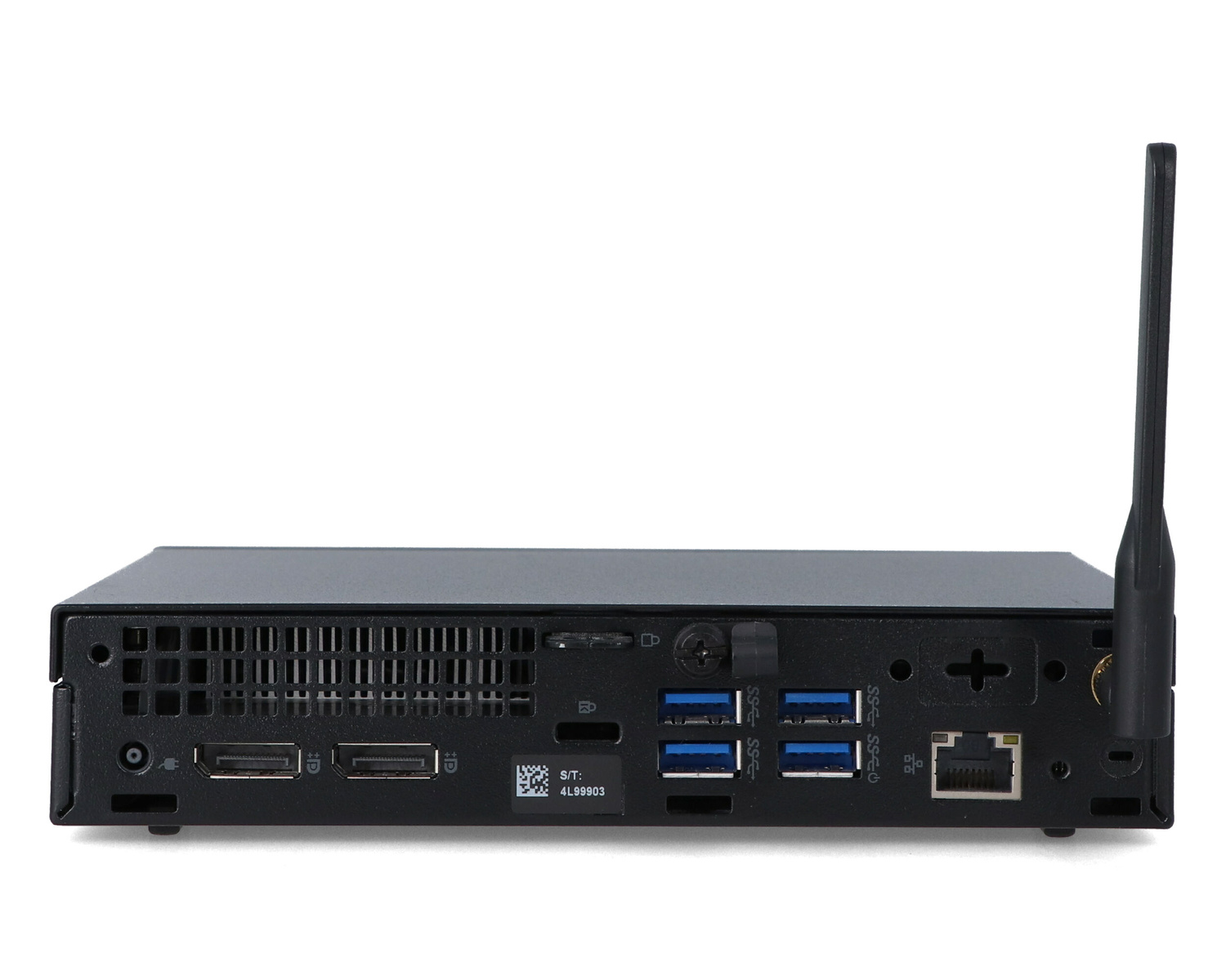Tył czarnego mini PC z otworami wentylacyjnymi, portami i anteną.