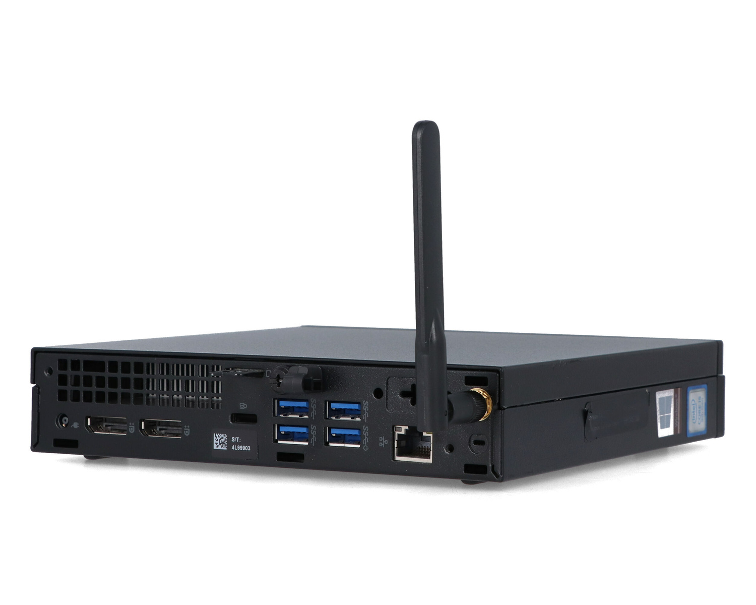 Czarny mini PC z anteną WiFi, portami USB i portem Ethernet.