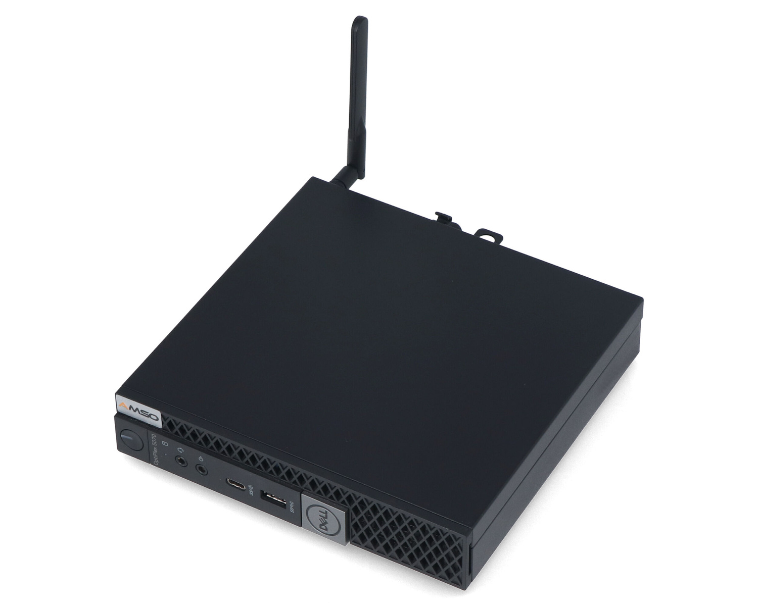 Smukły czarny mini PC Dell z anteną na białym tle.