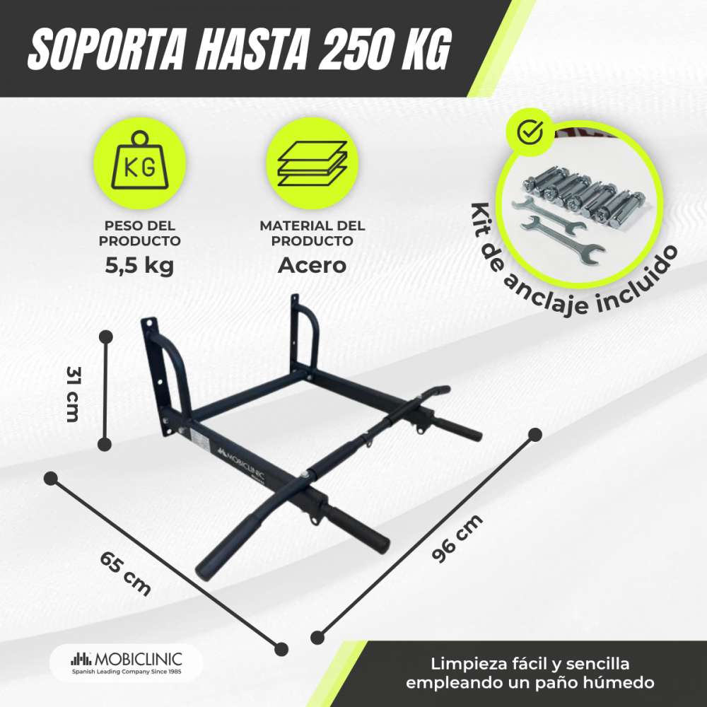 Barra de dominadas de acero, 5,5 kg, 31x65x96 cm, incluye kit.
