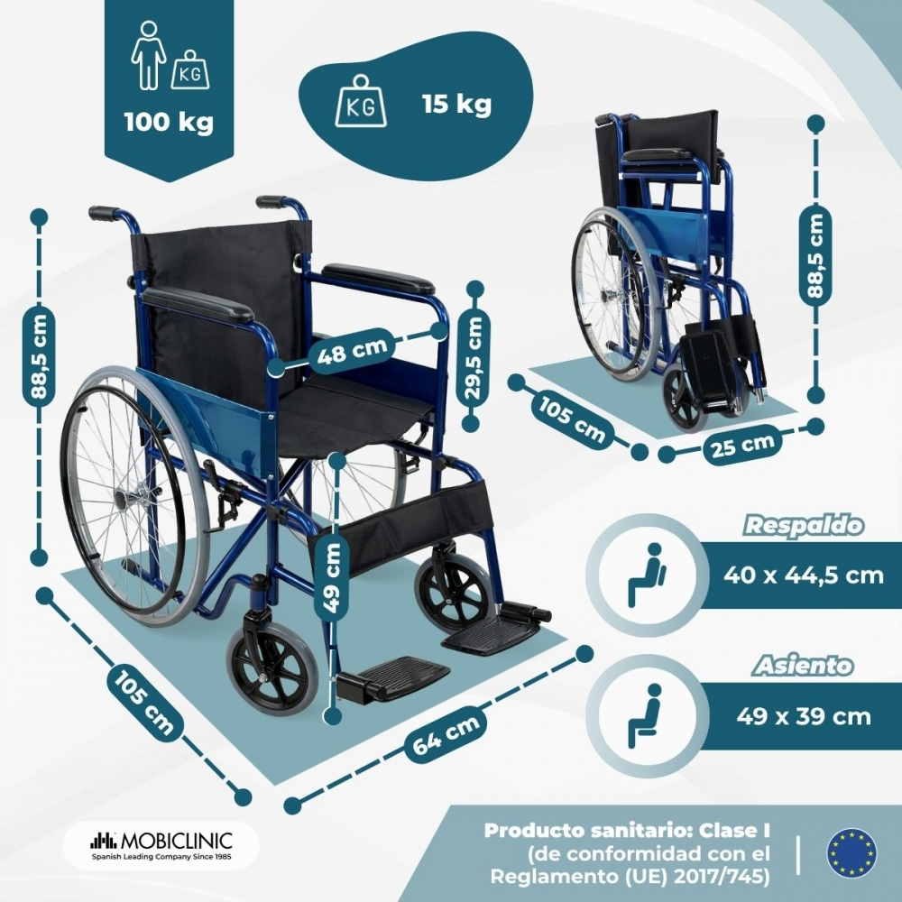 Silla de ruedas azul con dimensiones e indicadores de peso (100kg/15kg).