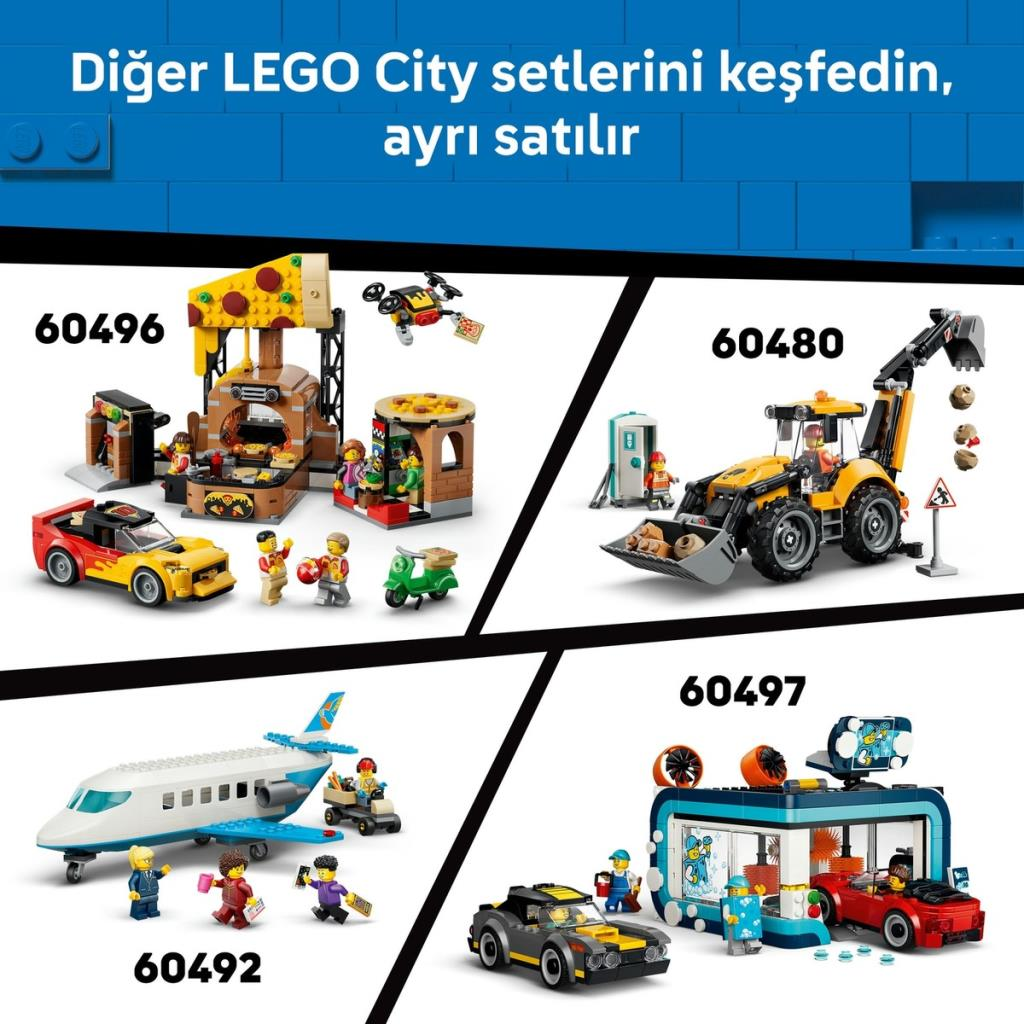 LEGO City Setleri: Pizza dükkanı, ekskavatör, uçak ve araba yıkama.