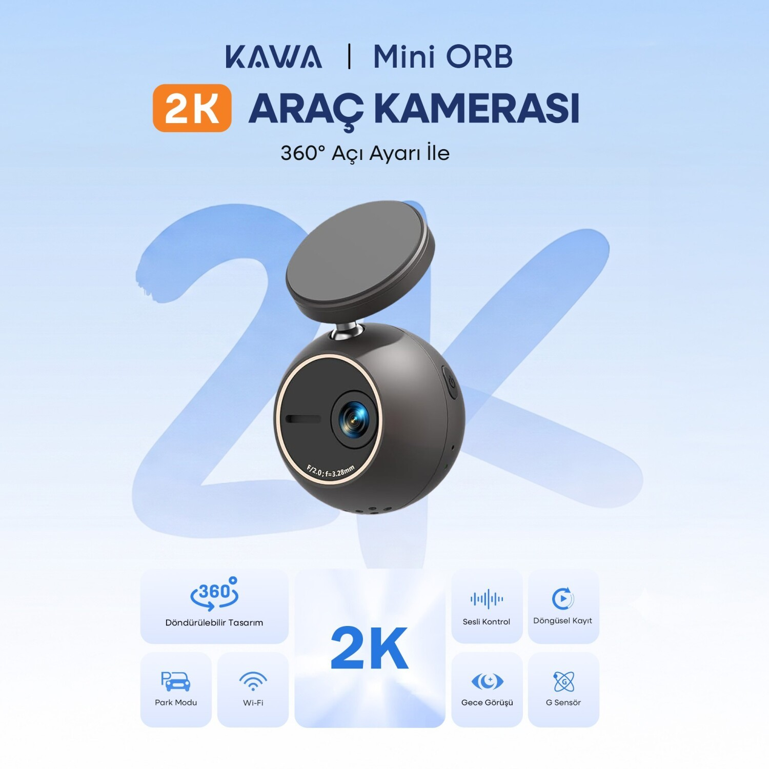 KAWA Mini ORB 2K araç kamerası 360 ayar ve ikonlarla.