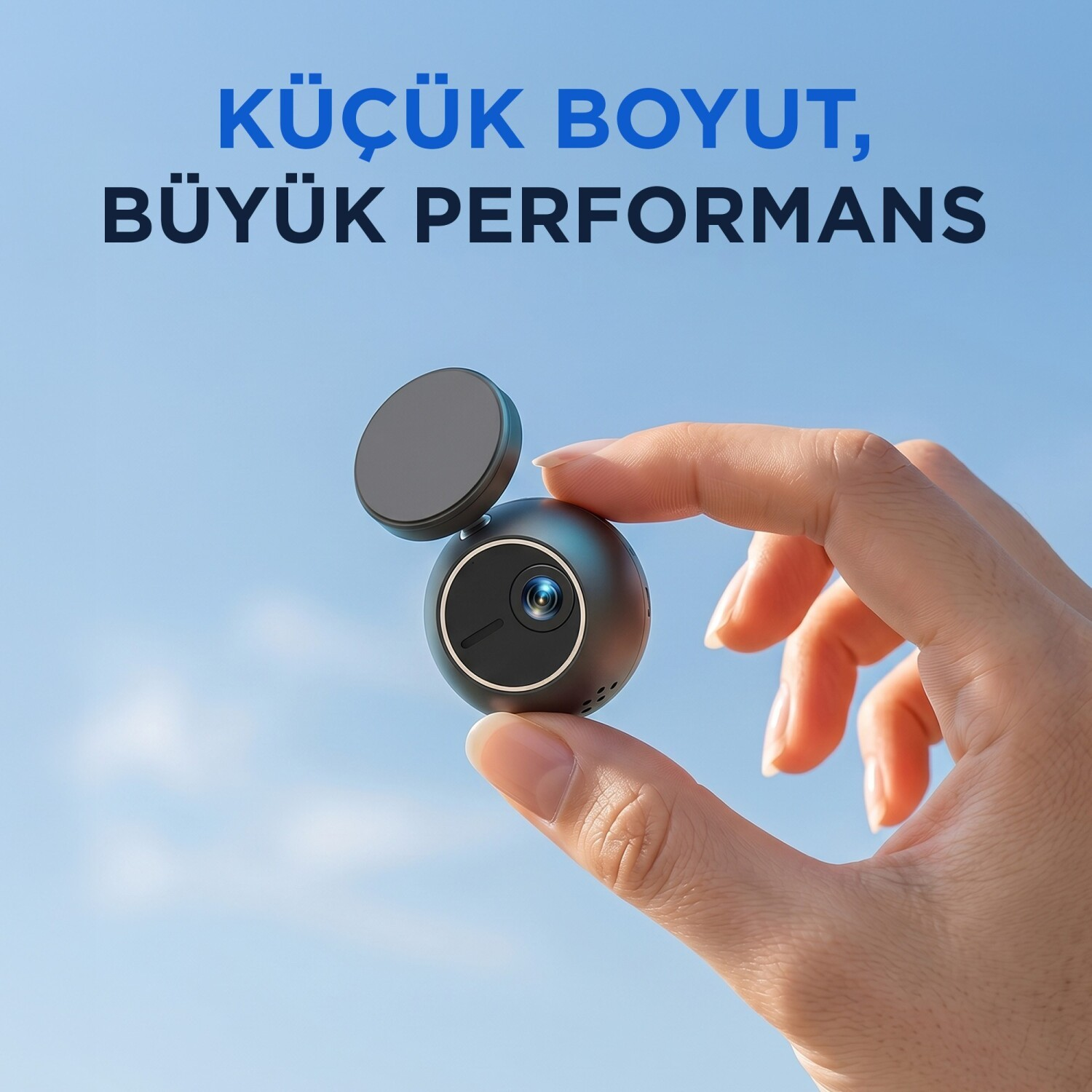 Bir el, mavi gökyüzüne karşı lensli küçük, küre şeklinde siyah bir kamera tutuyor.