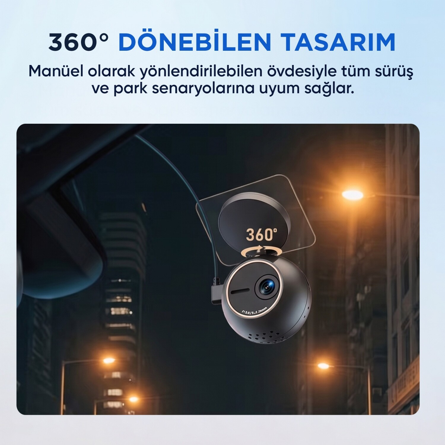 Lensi olan siyah 360 derecelik araç kamerası, ön cama monte edilmiş bir kola takılıdır.