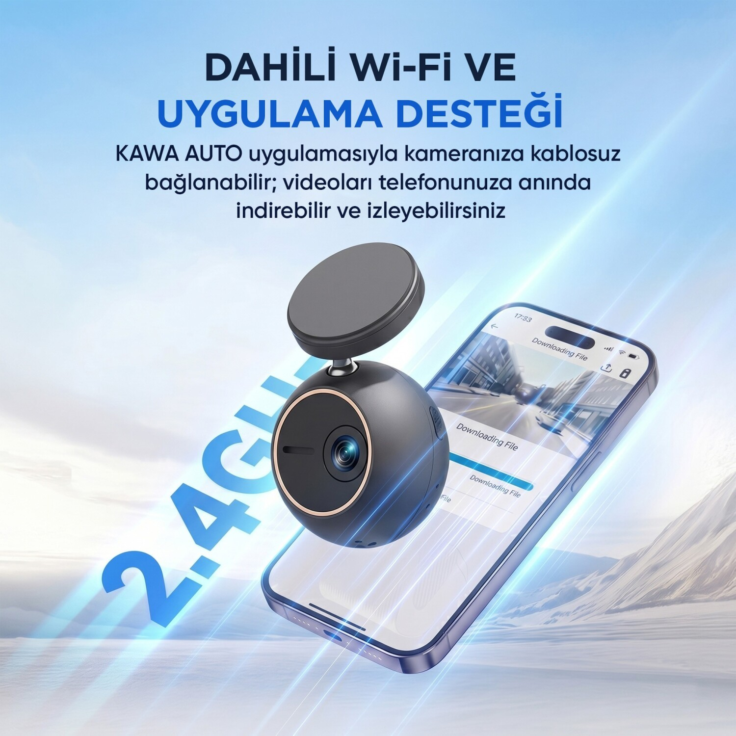 Telefondaki uygulama ekranlı kamera, 2,4 GHz Wi-Fi desteği.