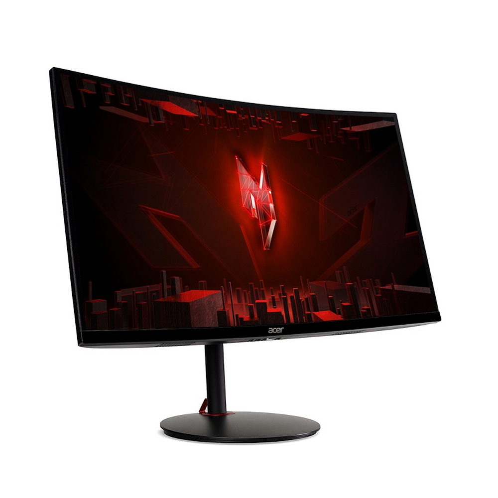 Un monitor da gioco curvo Acer con logo rosso e sfondo geometrico.