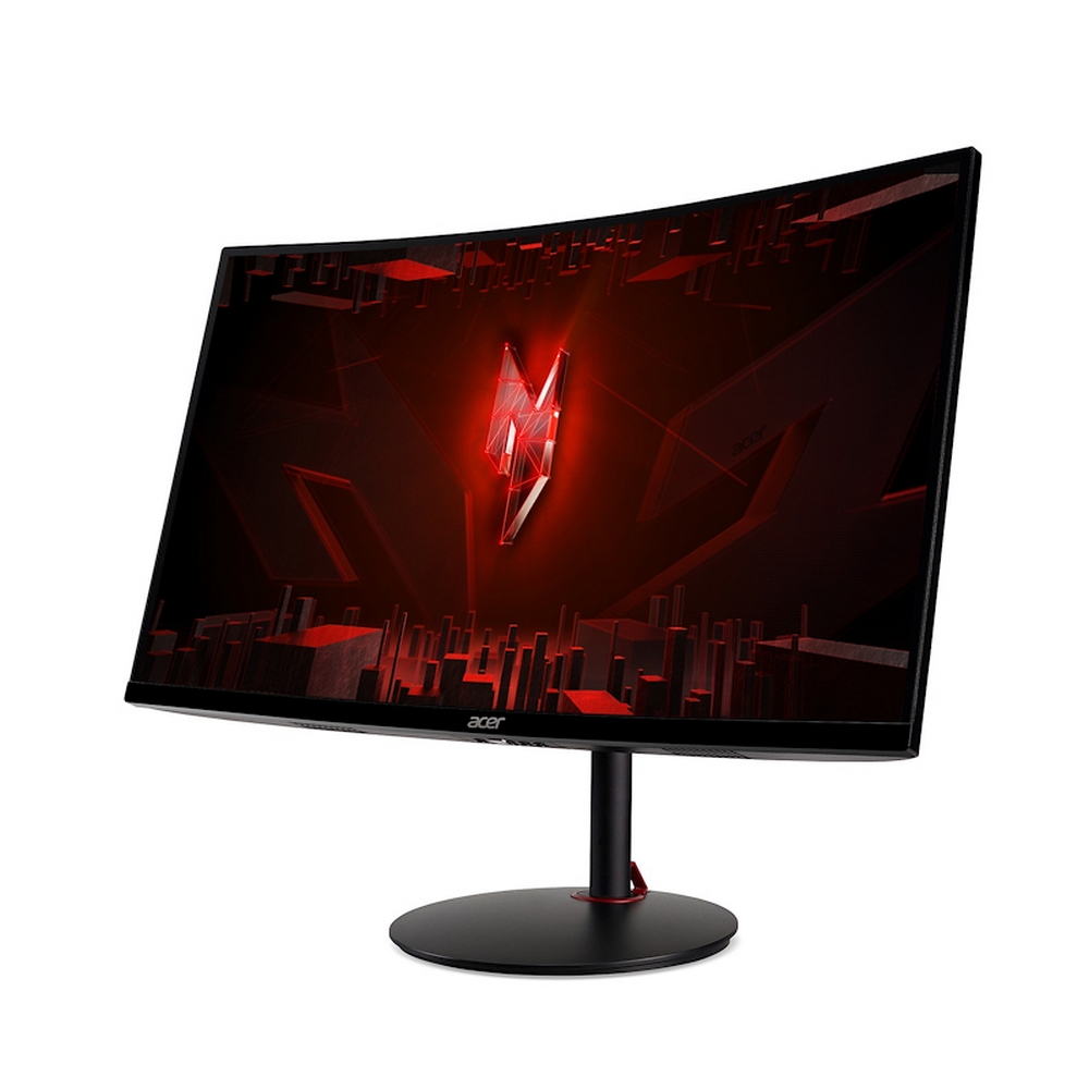 Un monitor curvo Acer mostra un design geometrico astratto rosso con un logo cristallino.