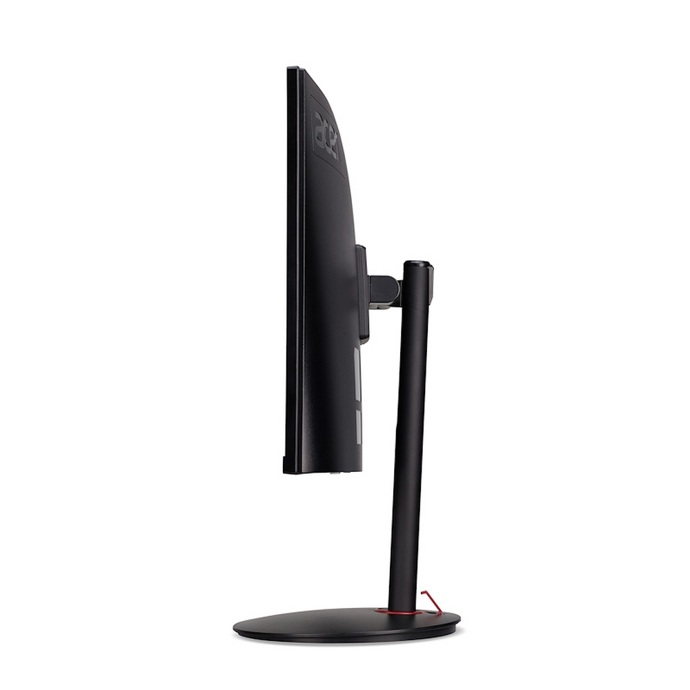 Monitor del computer nero visto di lato su sfondo bianco.
