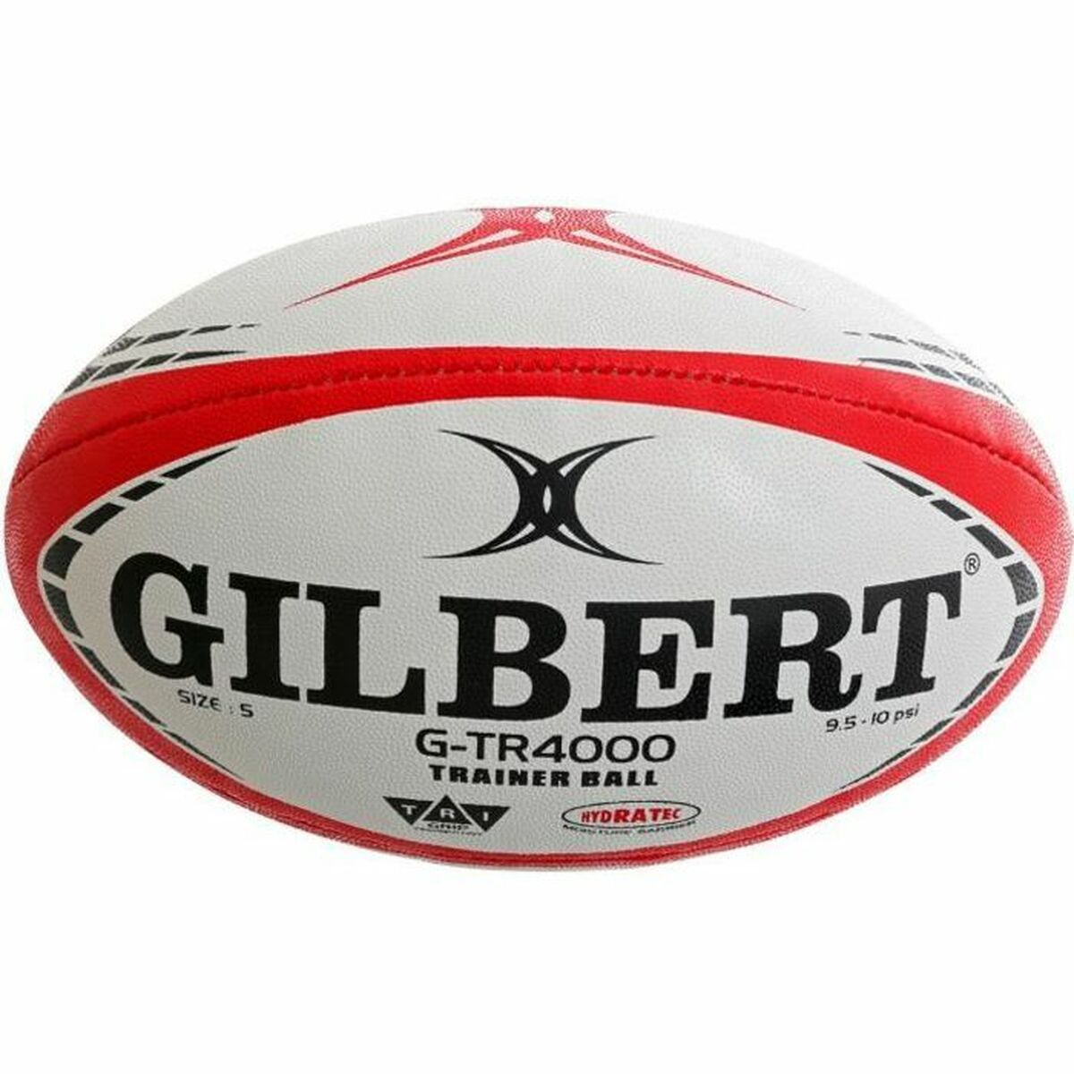 Un pallone da rugby bianco con strisce rosse e scritte nere.