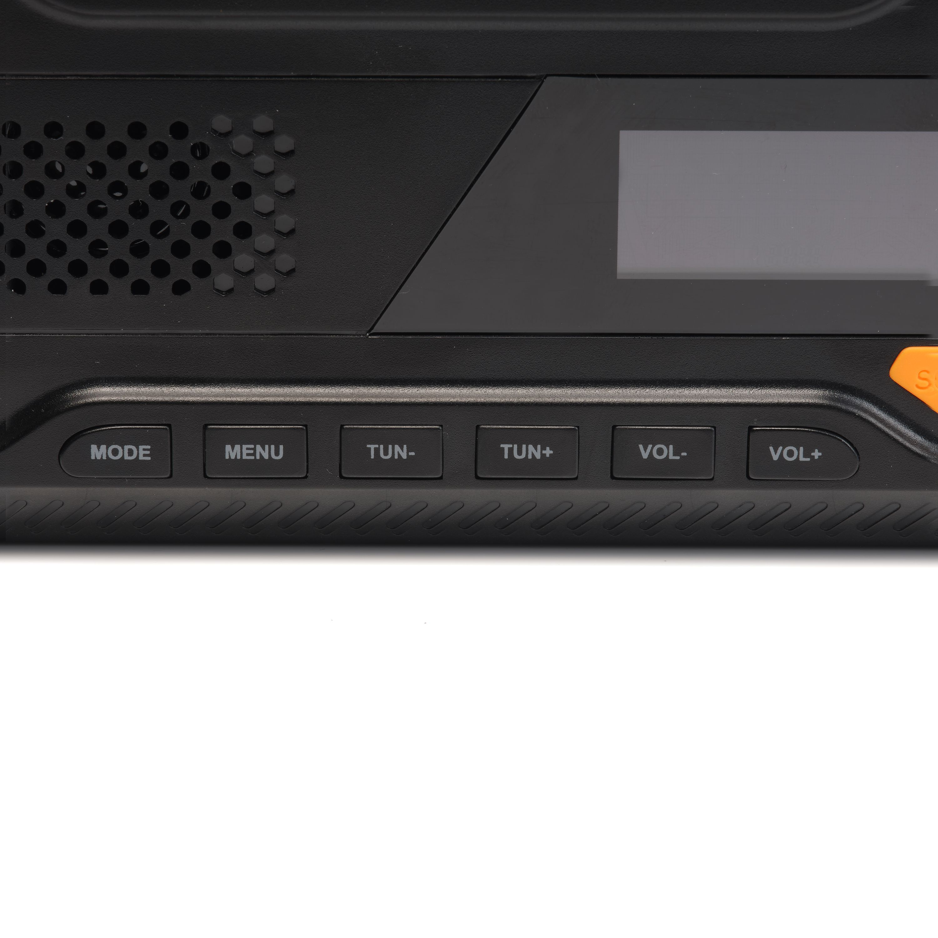Black device with buttons: MODE, MENU, TUN-, TUN+, VOL-, VOL+ and a display.