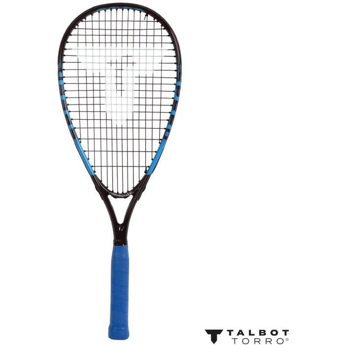 Una racchetta da squash nera e blu con impugnatura blu, isolata su sfondo bianco.