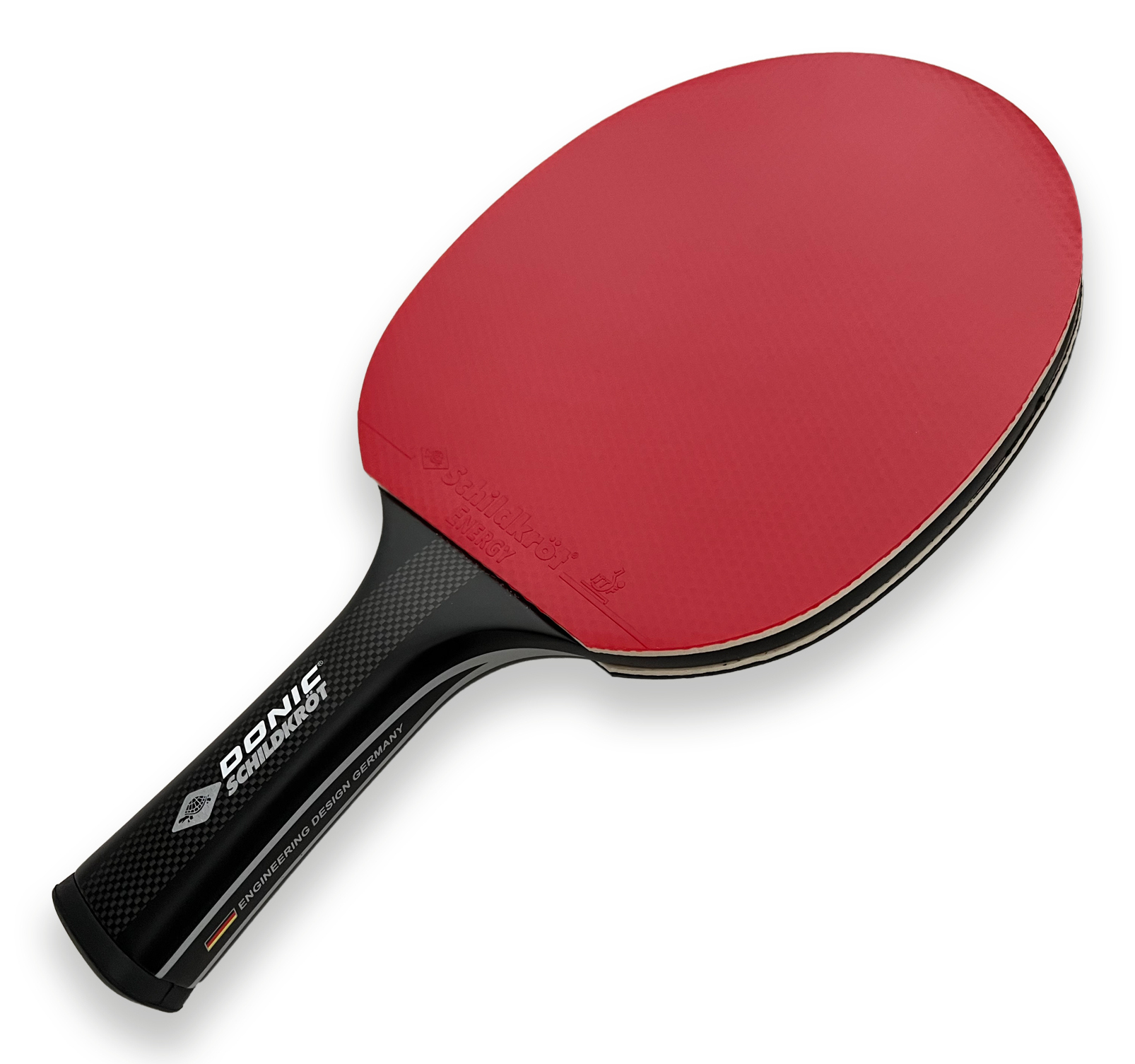Una racchetta da ping pong rossa con manico nero e accenti bianchi.