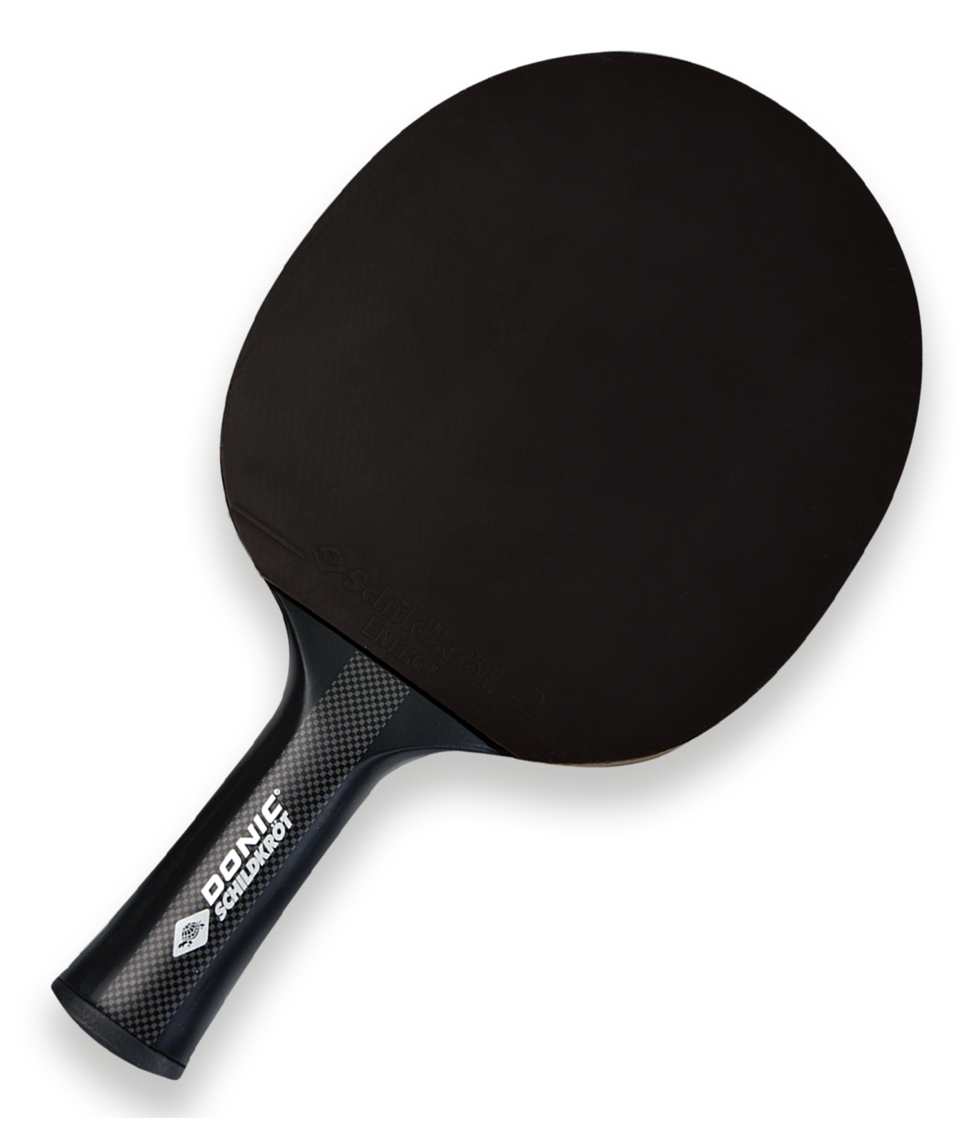 Racchetta da ping pong nera con motivo in carbonio sul manico.