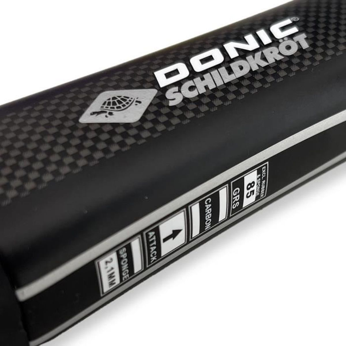Racchetta da ping pong nera con logo "DONIC Schildkröt", icona tartaruga e specifiche.
