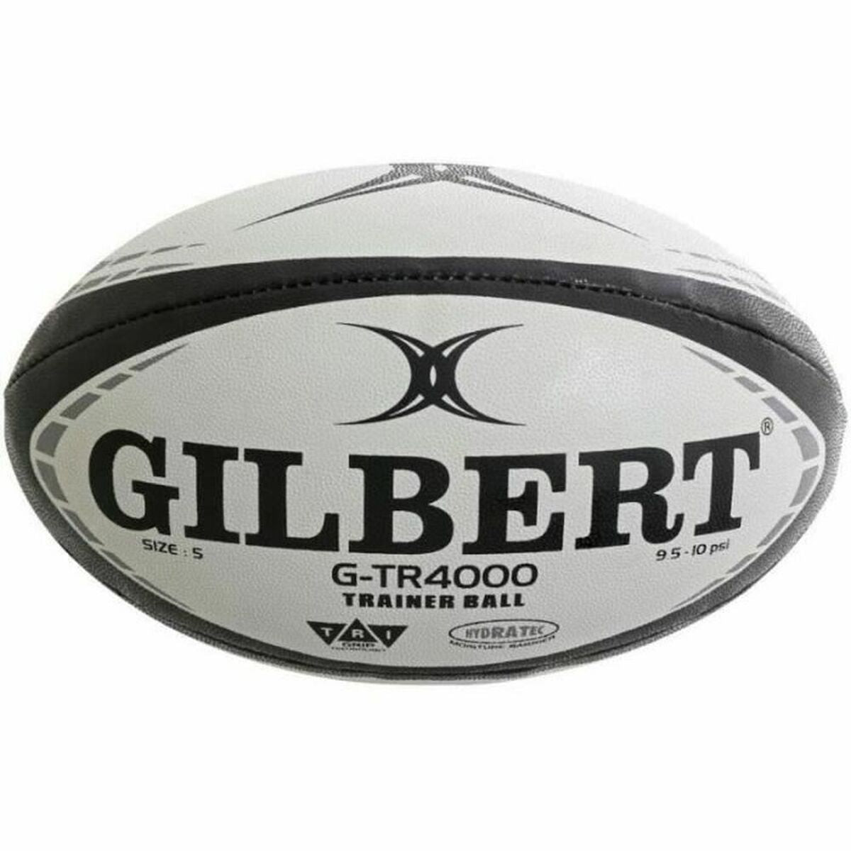 Un pallone da rugby Gilbert bianco e nero, taglia 5.