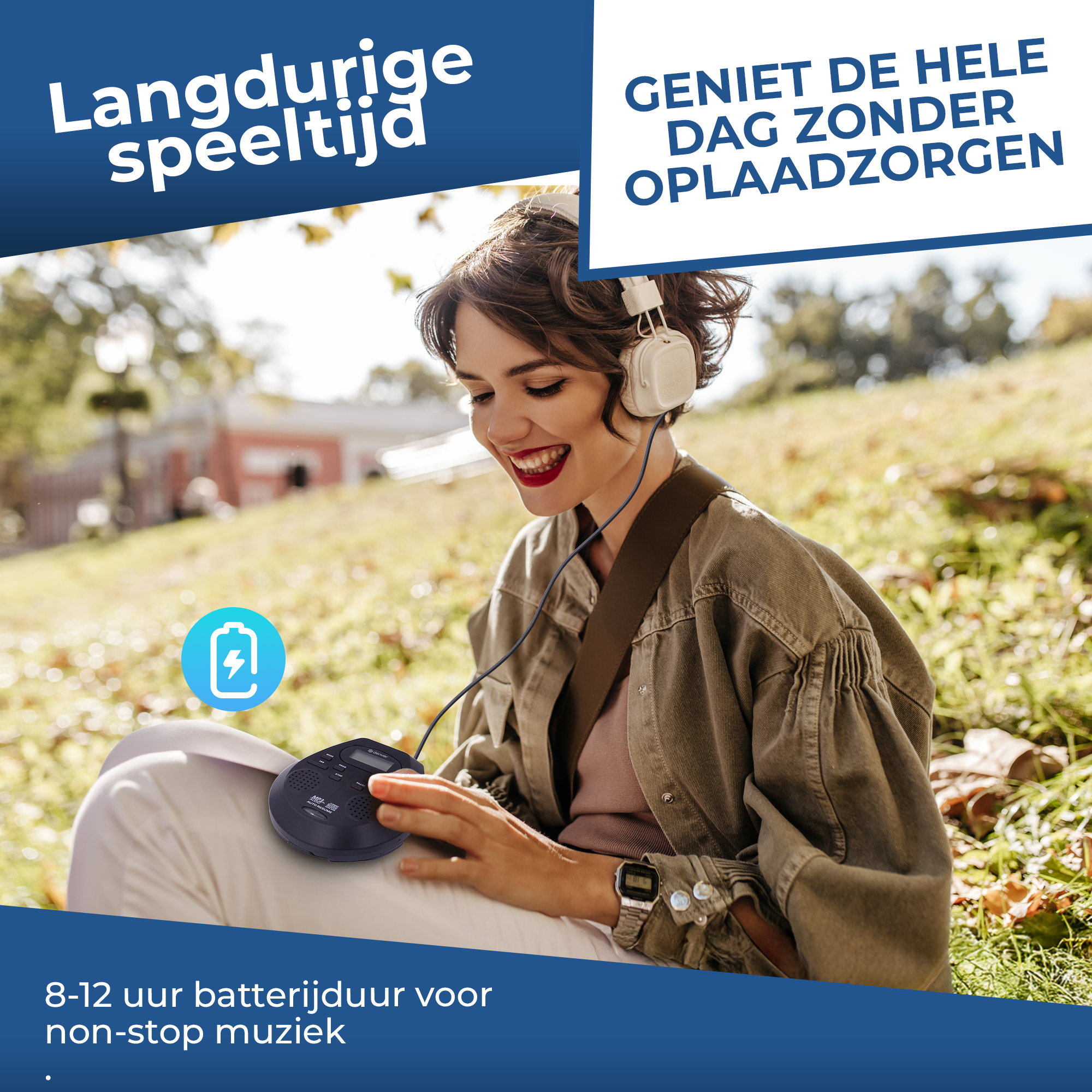 Frau mit Kopfhörern und CD-Player im Freien, genießt Musik mit langer Akkulaufzeit.