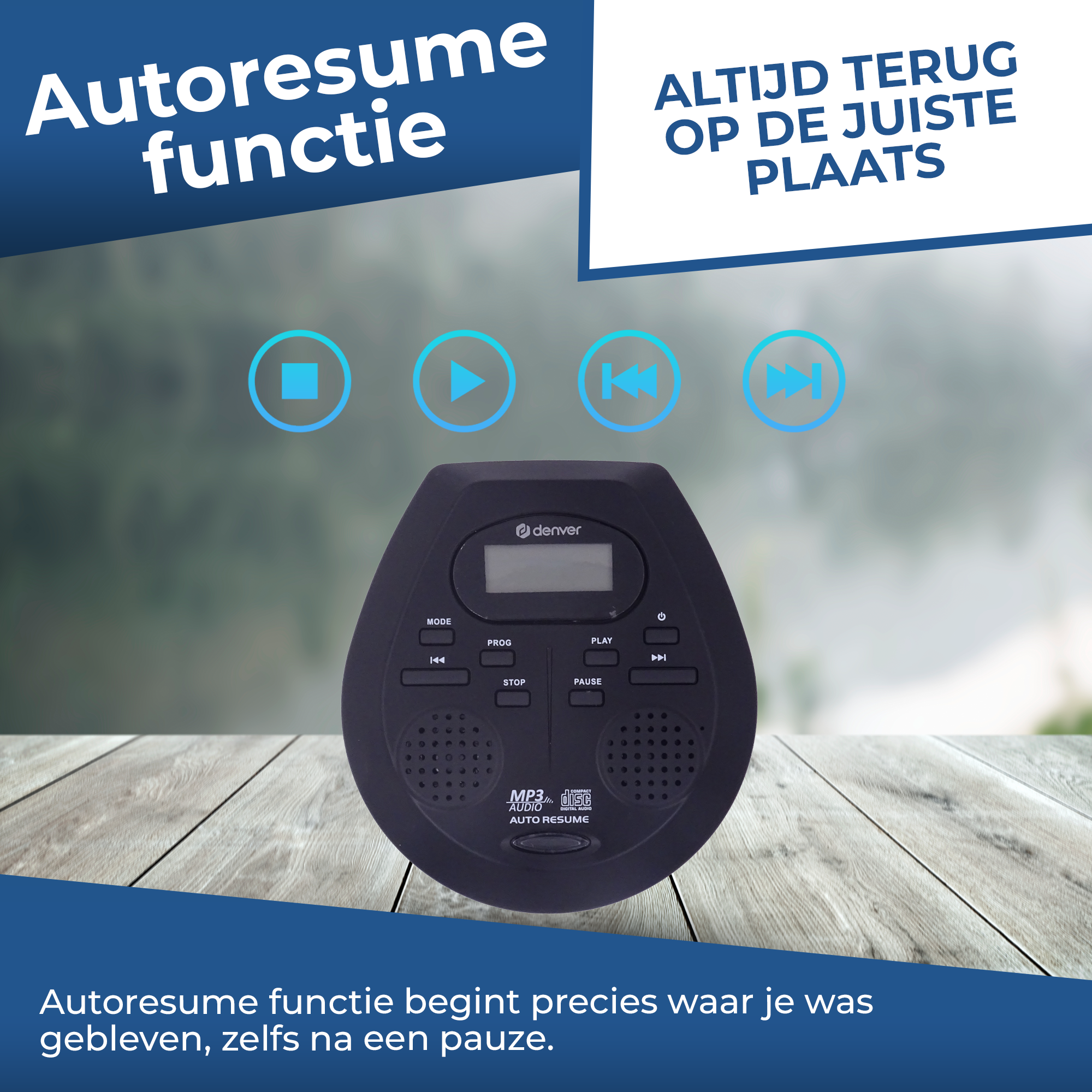 Schwarzer Denver CD-Player mit "Auto Resume"-Funktion und Wiedergabetasten.