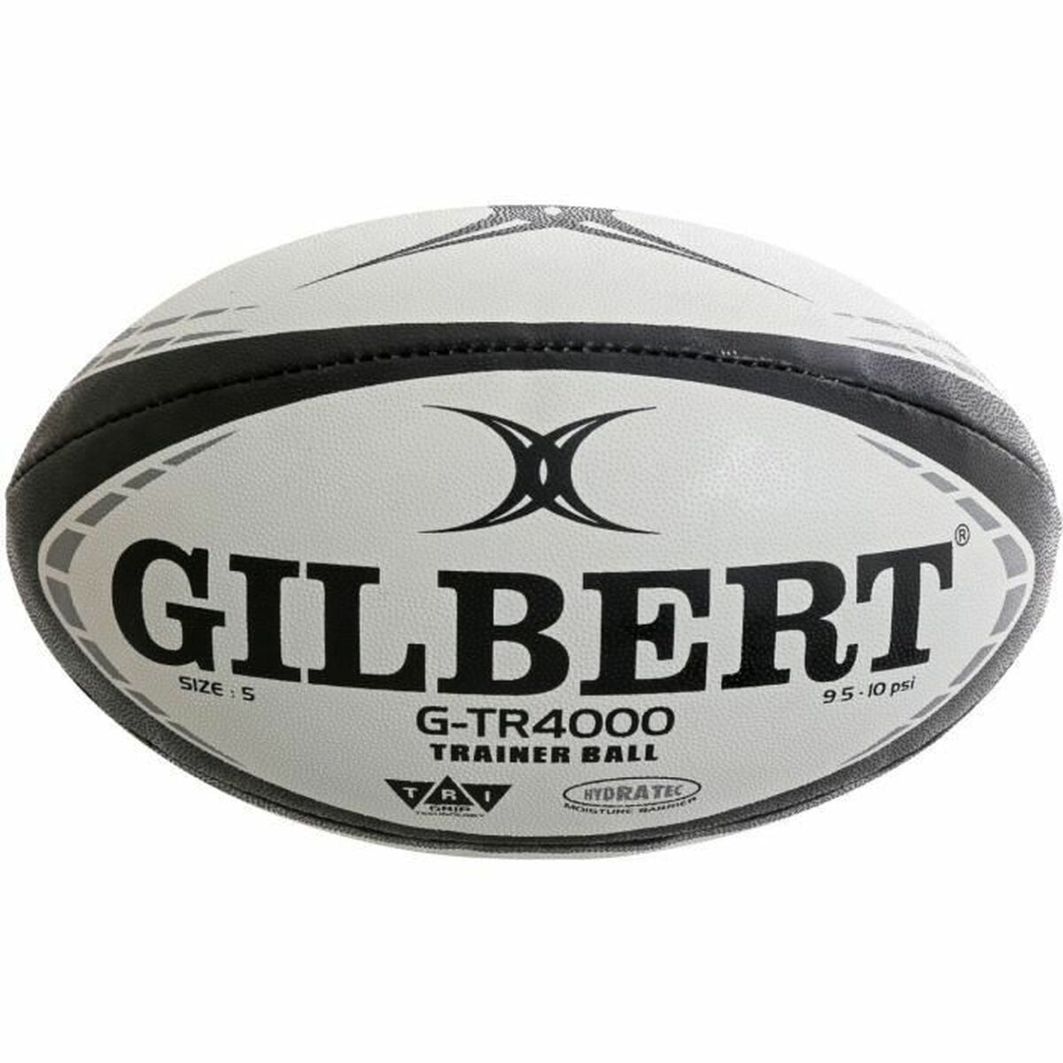 Un pallone da rugby bianco Gilbert G-TR4000, misura 5, con finiture e scritte nere.