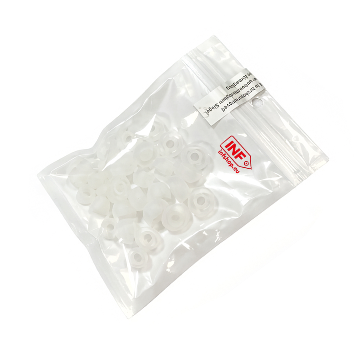 Eine kleine Plastiktüte mit vielen kleinen, weißen Ohrstöpselspitzen und einem INF-Logo.