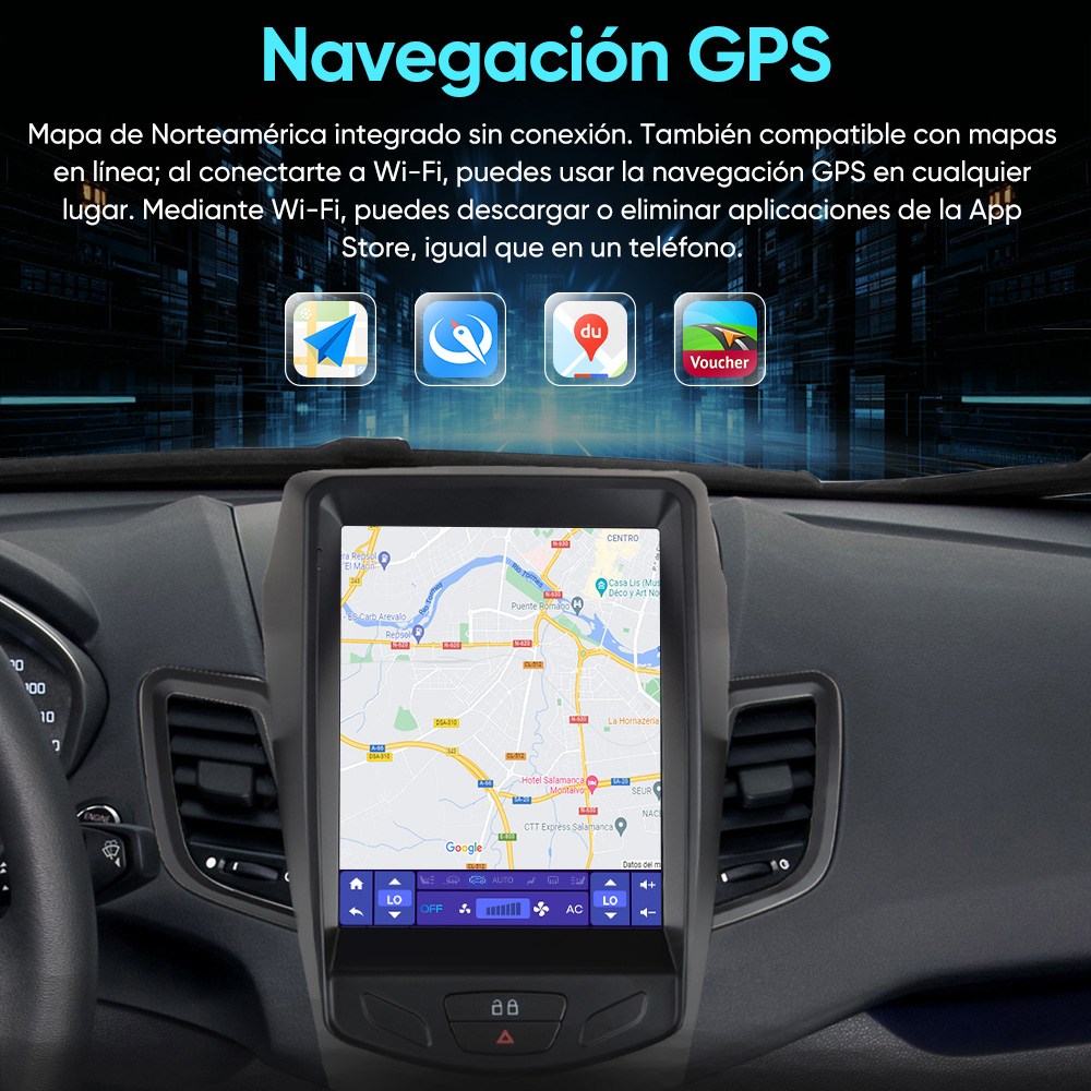 Un sistema de navegación de coche con mapas e íconos de apps muestra un mapa.