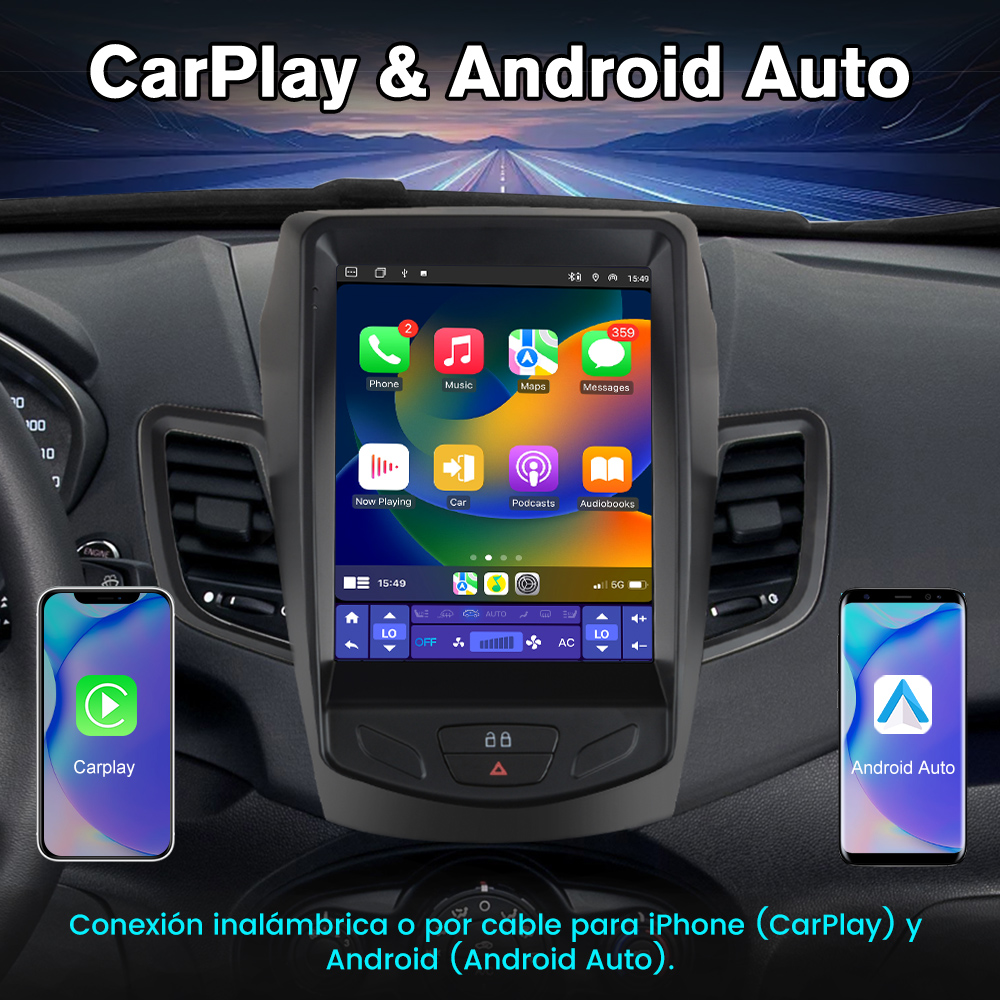 Salpicadero con pantalla táctil, iPhone y teléfono Android, CarPlay y Android Auto.