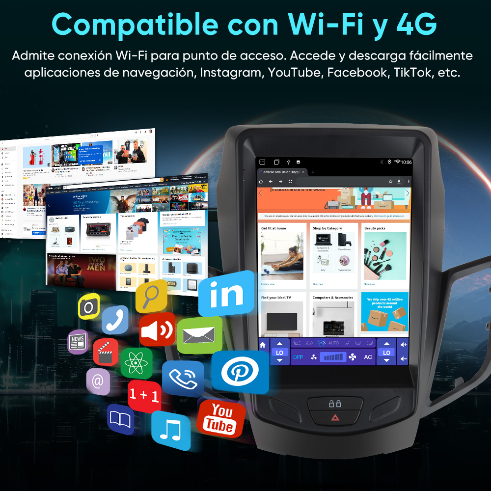 Pantalla de radio de coche muestra apps como Amazon, YouTube y redes sociales.