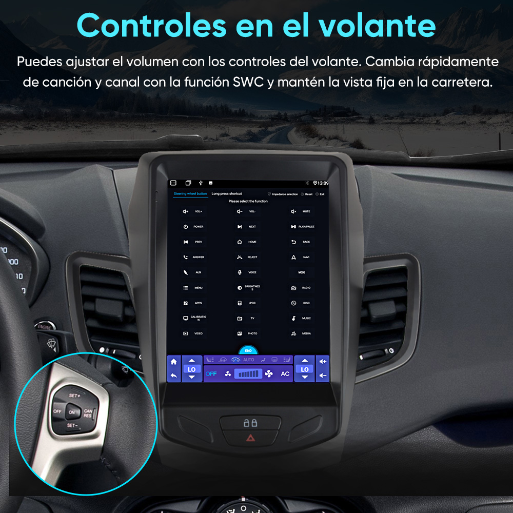 Pantalla de radio de coche mostrando controles y opciones del volante.