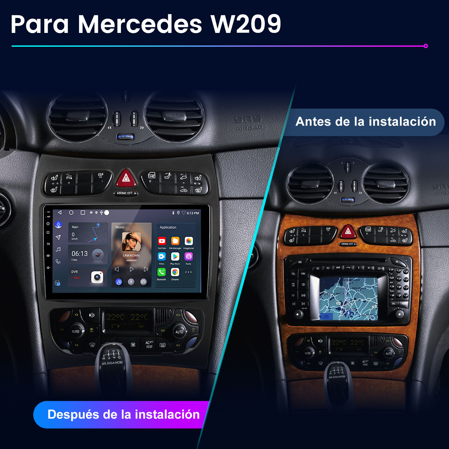 Comparación antes y después del salpicadero de un Mercedes W209 con nuevo sistema multimedia.